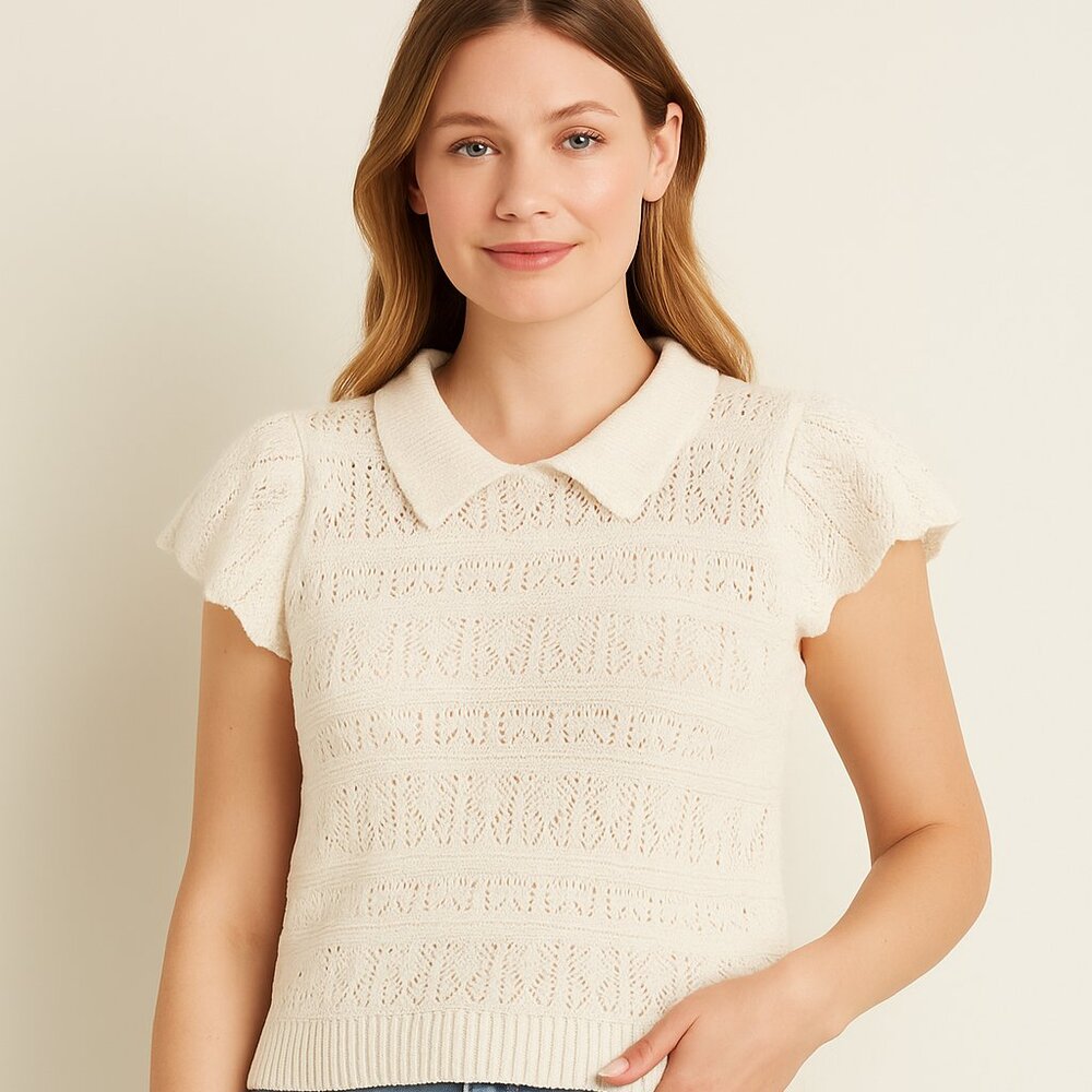 Lauren Conrad Cream Knit Polo Shirt / Sweater Top w/ Ruffled Sleeves Size Large